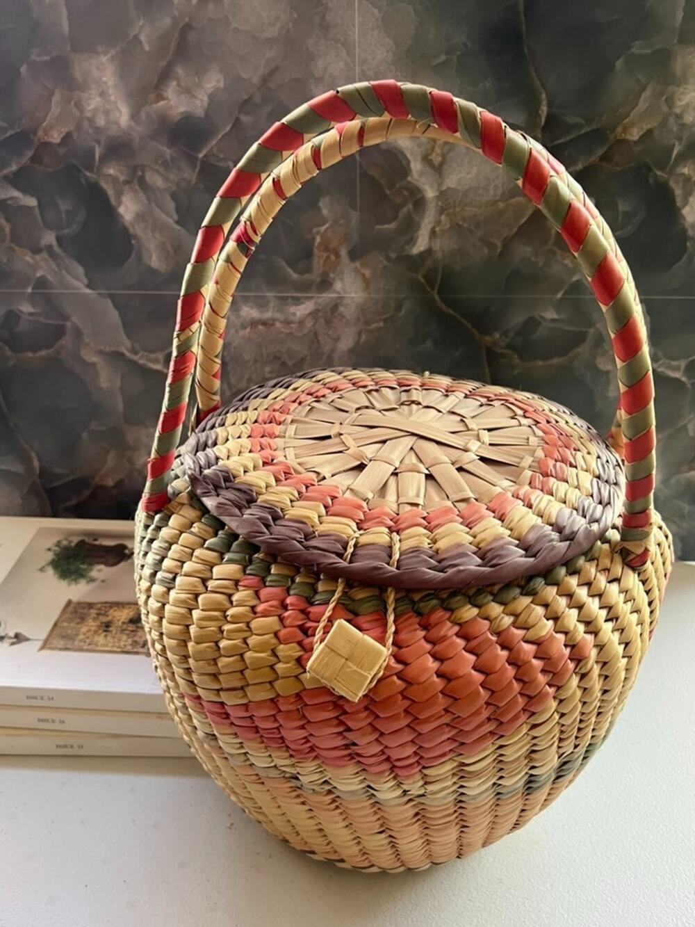 Handwoven Large Basket with Lid Double Handles